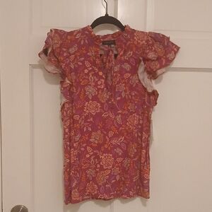 1. State Floral Ruffle Sleeve Blouse - Pink and Orange